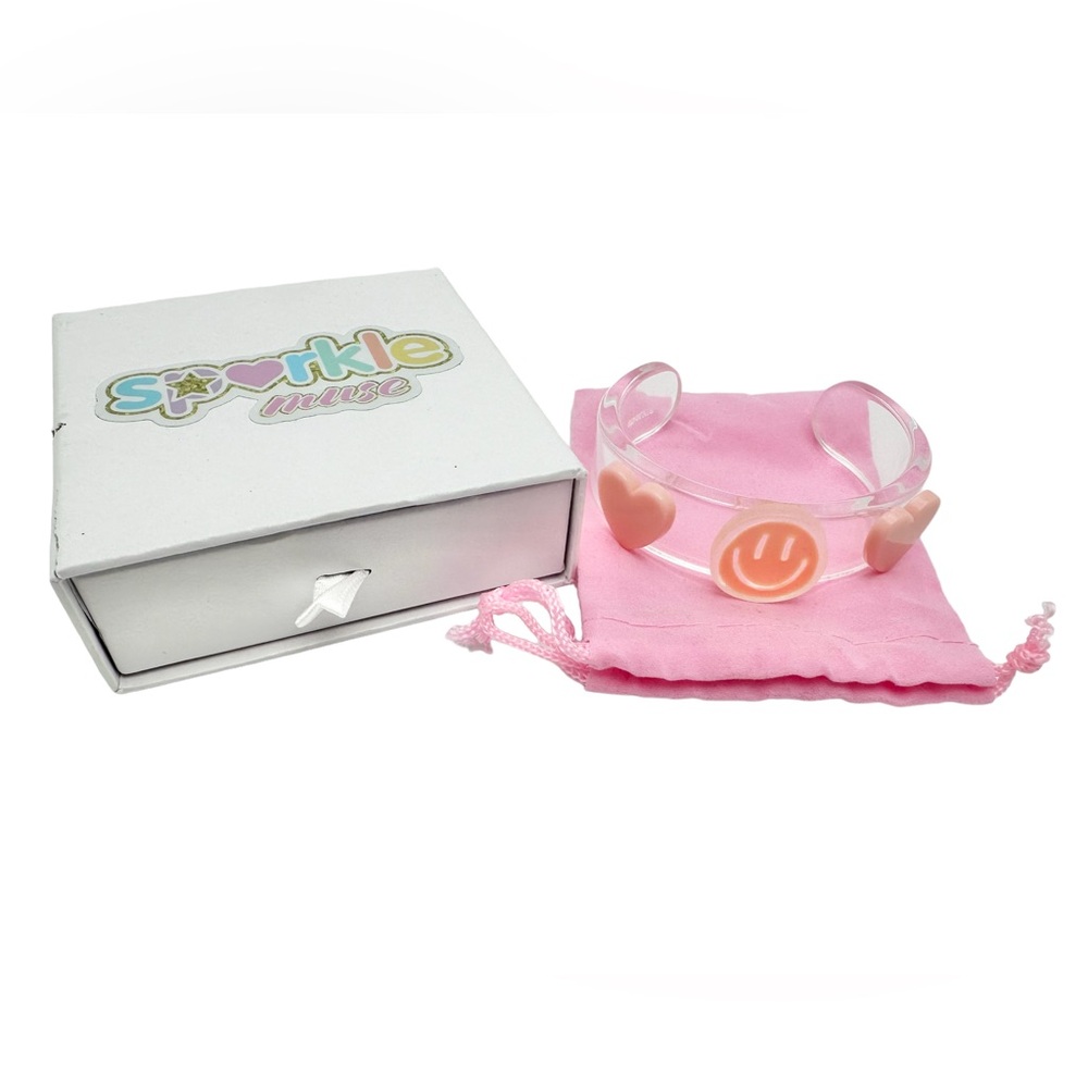 New Sparklemuse Clear Acrylic Cuff Smiley Face and Heart Pink Bracelet